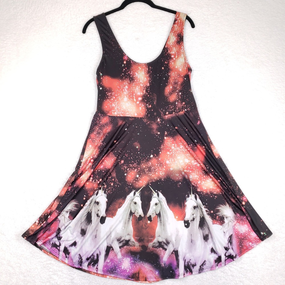 See You Monday Galaxy Unicorn Skater Dress L Sleeveless Cosmic Fit & Flare